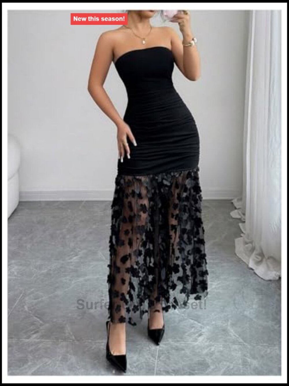 Strapless Maxi Dress 3D Flower Mesh Ruched Bodycon - Picture 4 of 5